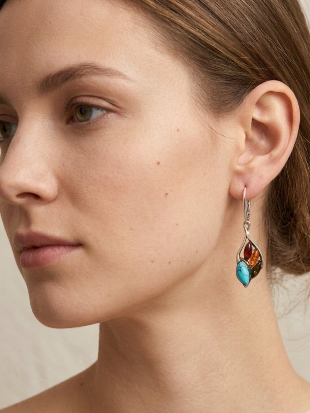 Turquoise and Amber Teardrop Dangle Earrings - Silver Tone